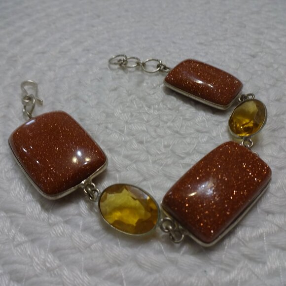 Sparkling GOLD SUNSTONE & CITRINE Handmade Sterling 925 Bracelet #704C - Picture 3 of 3